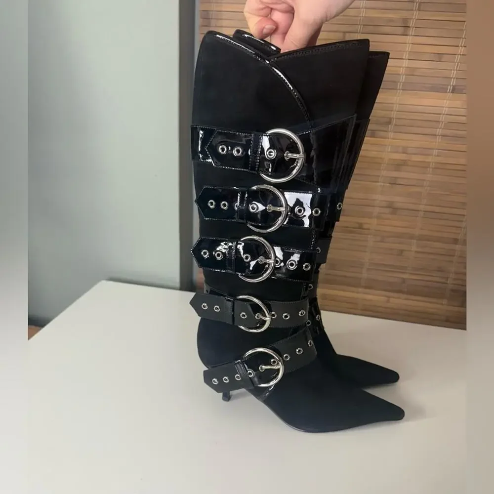 Jeffrey Campbell Seatbelt Black Suede Black Patent Buckle Heel Boots